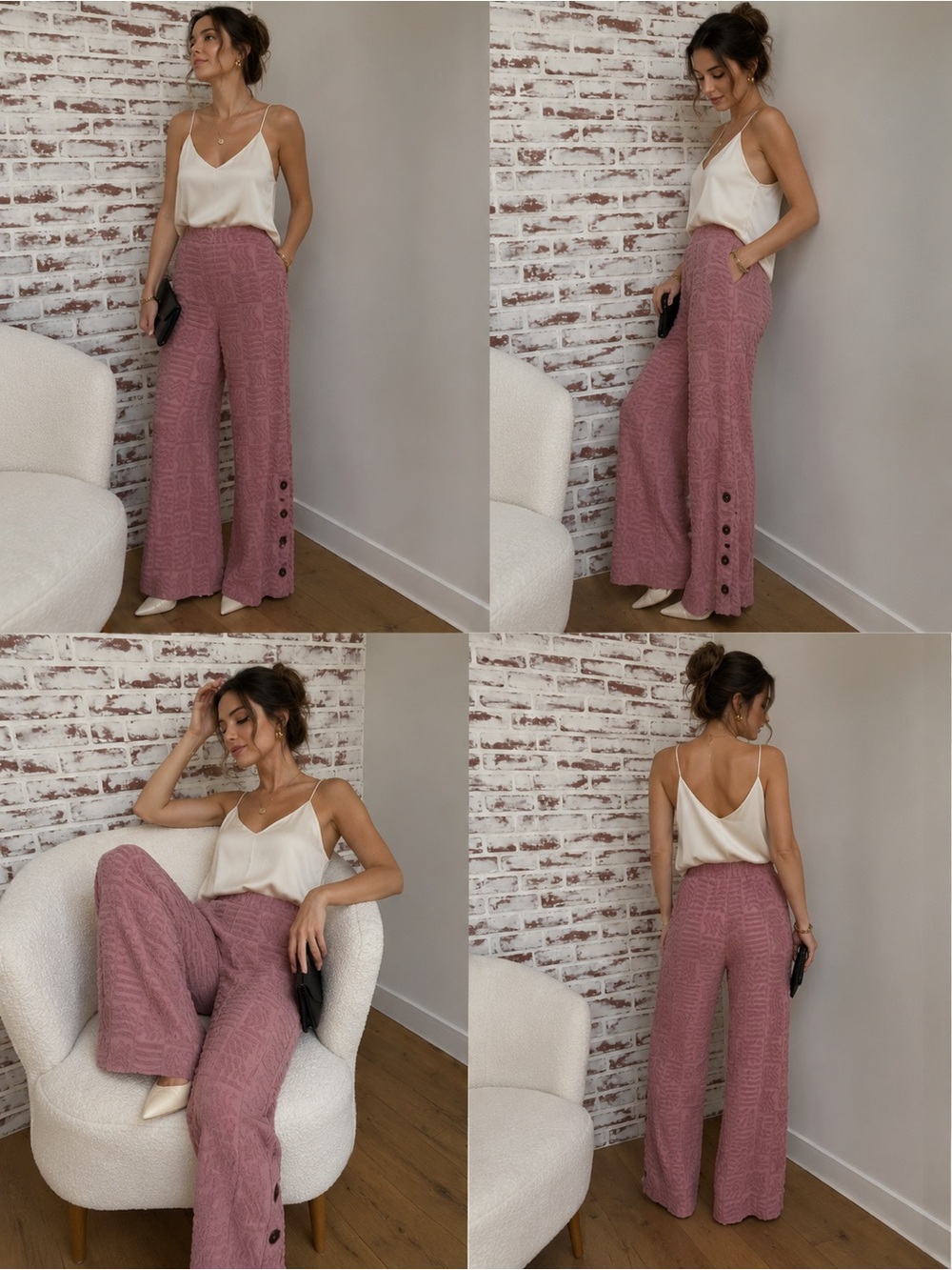 Lucy Folk Pink Textured Wide-Leg Knit Pants with Side Buttons